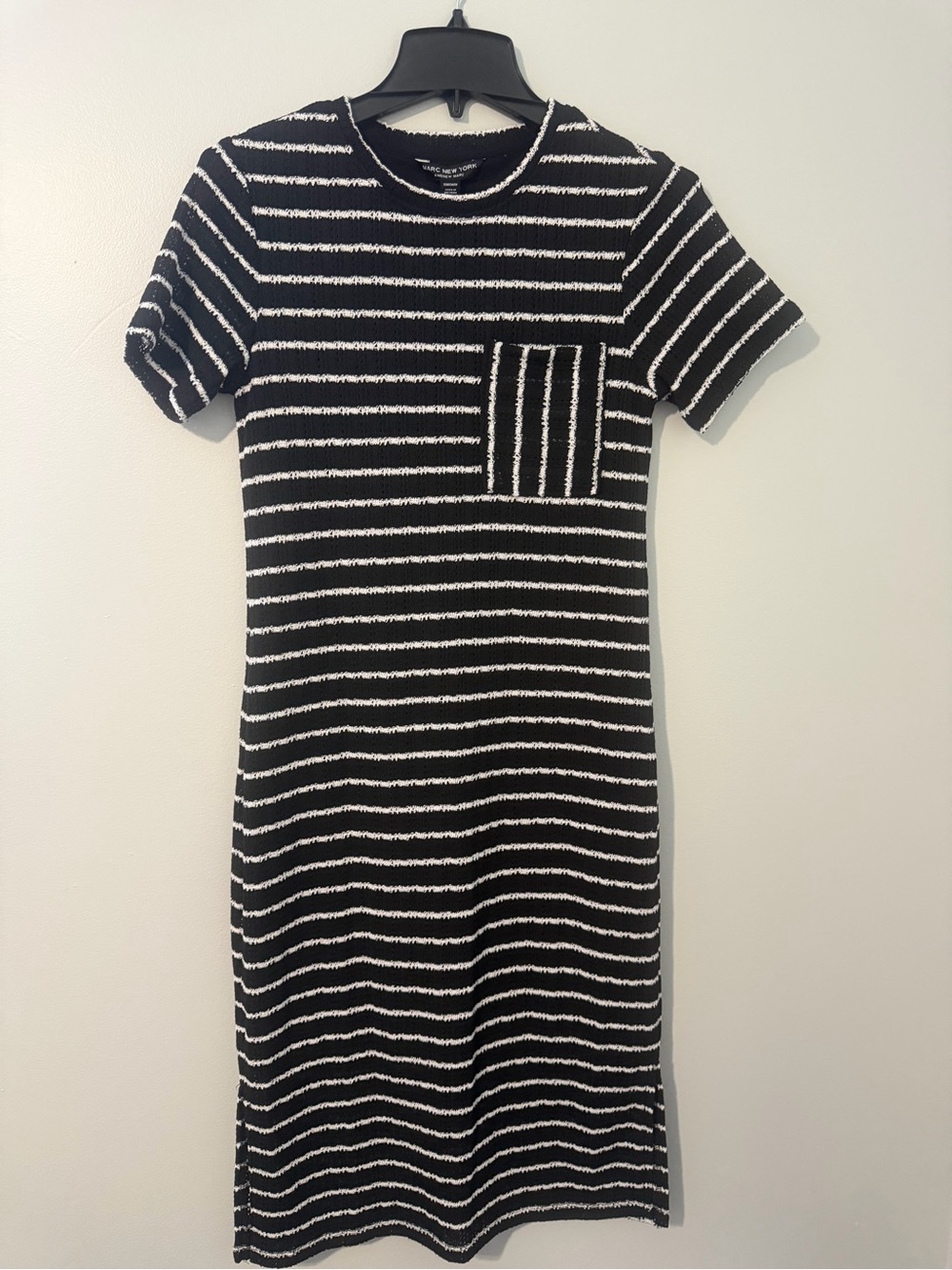 Andrew Marc Black and White Striped Knit Pocket Midi Dress size XS NWT